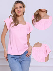 Square Neck Short Sleeves Gingham Plaid Blouse