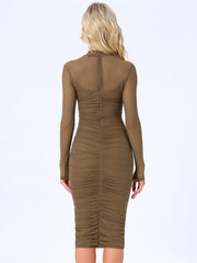 Mesh Sheer Mock Neck Ruch Cocktail Bodycon Midi Dress