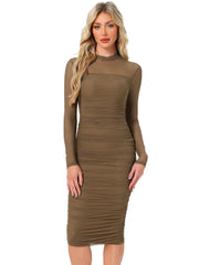 Mesh Sheer Mock Neck Ruch Cocktail Bodycon Midi Dress