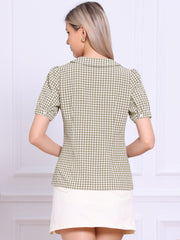 Plaid Puff Short Sleeve Gingham Peter Pan Collar Button Down Shirt
