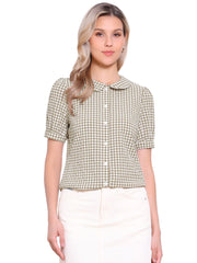 Plaid Puff Short Sleeve Gingham Peter Pan Collar Button Down Shirt