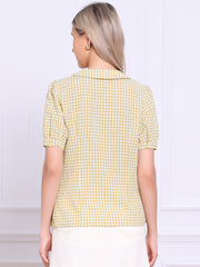 Plaid Puff Short Sleeve Gingham Peter Pan Collar Button Down Shirt