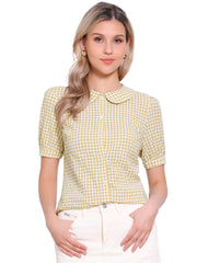 Plaid Puff Short Sleeve Gingham Peter Pan Collar Button Down Shirt