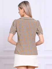 Plaid Puff Short Sleeve Gingham Peter Pan Collar Button Down Shirt