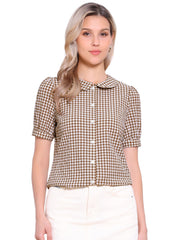 Plaid Puff Short Sleeve Gingham Peter Pan Collar Button Down Shirt