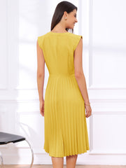 Sleeveless Dress Casual V Neck Button Pleated Midi Dress