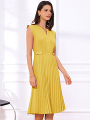 Sleeveless Dress Casual V Neck Button Pleated Midi Dress