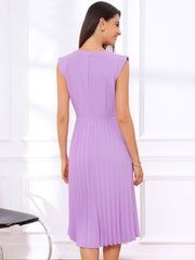 Sleeveless Dress Casual V Neck Button Pleated Midi Dress