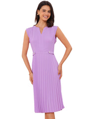 Sleeveless Dress Casual V Neck Button Pleated Midi Dress