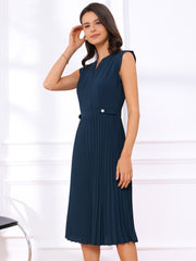 Sleeveless Dress Casual V Neck Button Pleated Midi Dress