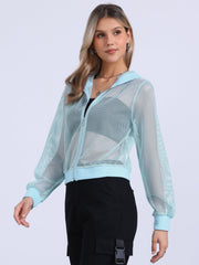 Zip Up Long Sleeve Mesh Sheer Hoodie Bomber Jackets