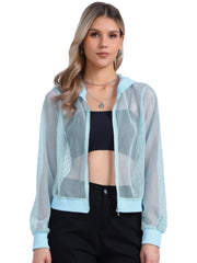 Zip Up Long Sleeve Mesh Sheer Hoodie Bomber Jackets