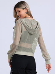 Zip Up Long Sleeve Mesh Sheer Hoodie Bomber Jackets