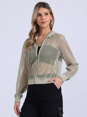 Zip Up Long Sleeve Mesh Sheer Hoodie Bomber Jackets