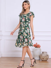 Floral Chiffon Flutter Sleeve Belted Square Neck Ruffled Hem Dress