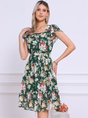 Floral Chiffon Flutter Sleeve Belted Square Neck Ruffled Hem Dress
