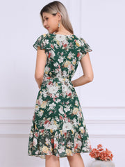 Floral Chiffon Flutter Sleeve Belted Square Neck Ruffled Hem Dress