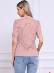 Floral Lace Mock Neck Puff Short Sleeve Blouse