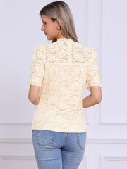 Floral Lace Mock Neck Puff Short Sleeve Blouse