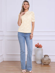 Floral Lace Mock Neck Puff Short Sleeve Blouse
