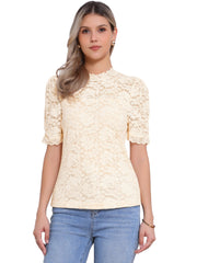 Floral Lace Mock Neck Puff Short Sleeve Blouse