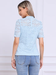 Floral Lace Mock Neck Puff Short Sleeve Blouse