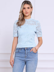 Floral Lace Mock Neck Puff Short Sleeve Blouse