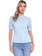 Floral Lace Mock Neck Puff Short Sleeve Blouse