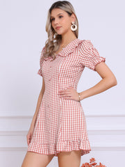Gingham Checks Ruffled Peter Pan Collar 1960s Vintage Mini Dress