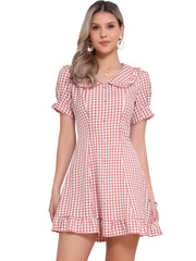 Gingham Checks Ruffled Peter Pan Collar 1960s Vintage Mini Dress