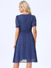 Square Neck Metallic Stars Ruffle Short Sleeve A-Line Smocked Waist Midi Dress