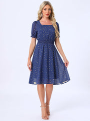 Square Neck Metallic Stars Ruffle Short Sleeve A-Line Smocked Waist Midi Dress
