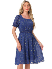 Square Neck Metallic Stars Ruffle Short Sleeve A-Line Smocked Waist Midi Dress