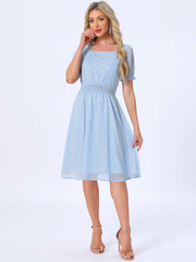 Square Neck Metallic Stars Ruffle Short Sleeve A-Line Smocked Waist Midi Dress