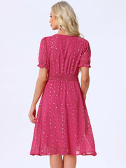 Square Neck Metallic Stars Ruffle Short Sleeve A-Line Smocked Waist Midi Dress