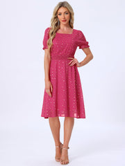 Square Neck Metallic Stars Ruffle Short Sleeve A-Line Smocked Waist Midi Dress