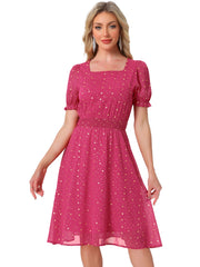 Square Neck Metallic Stars Ruffle Short Sleeve A-Line Smocked Waist Midi Dress