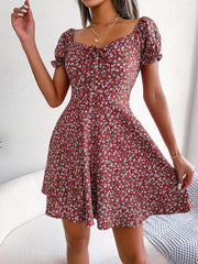 Floral Puff Short Sleeves A-Line Mini Dress