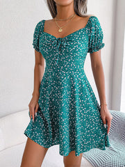 Floral Puff Short Sleeves A-Line Mini Dress