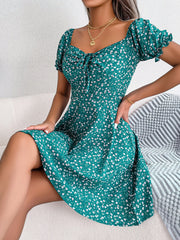 Floral Puff Short Sleeves A-Line Mini Dress