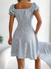 Floral Puff Short Sleeves A-Line Mini Dress
