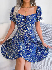 Floral Puff Short Sleeves A-Line Mini Dress