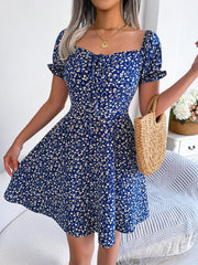 Floral Puff Short Sleeves A-Line Mini Dress