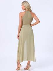 Sleeveless Halter Neck Belted Elegant Wedding Cocktail Dressy Jumpsuits