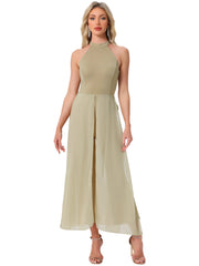 Sleeveless Halter Neck Belted Elegant Wedding Cocktail Dressy Jumpsuits