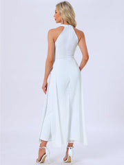 Sleeveless Halter Neck Belted Elegant Wedding Cocktail Dressy Jumpsuits