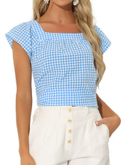 Square Neck Short Sleeves Gingham Plaid Blouse