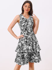 Work flower Print Contrast Panel 2pc Sets Chiffon V Neck Jacket Dress