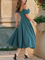 Elegant Cold Shoulder Spaghetti Strap Midi A-Line Off-Shoulder & Flared Silhouette Summer Dress