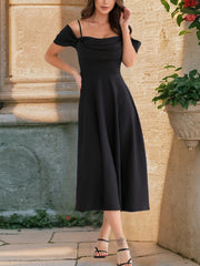 Elegant Cold Shoulder Spaghetti Strap Midi A-Line Off-Shoulder & Flared Silhouette Summer Dress